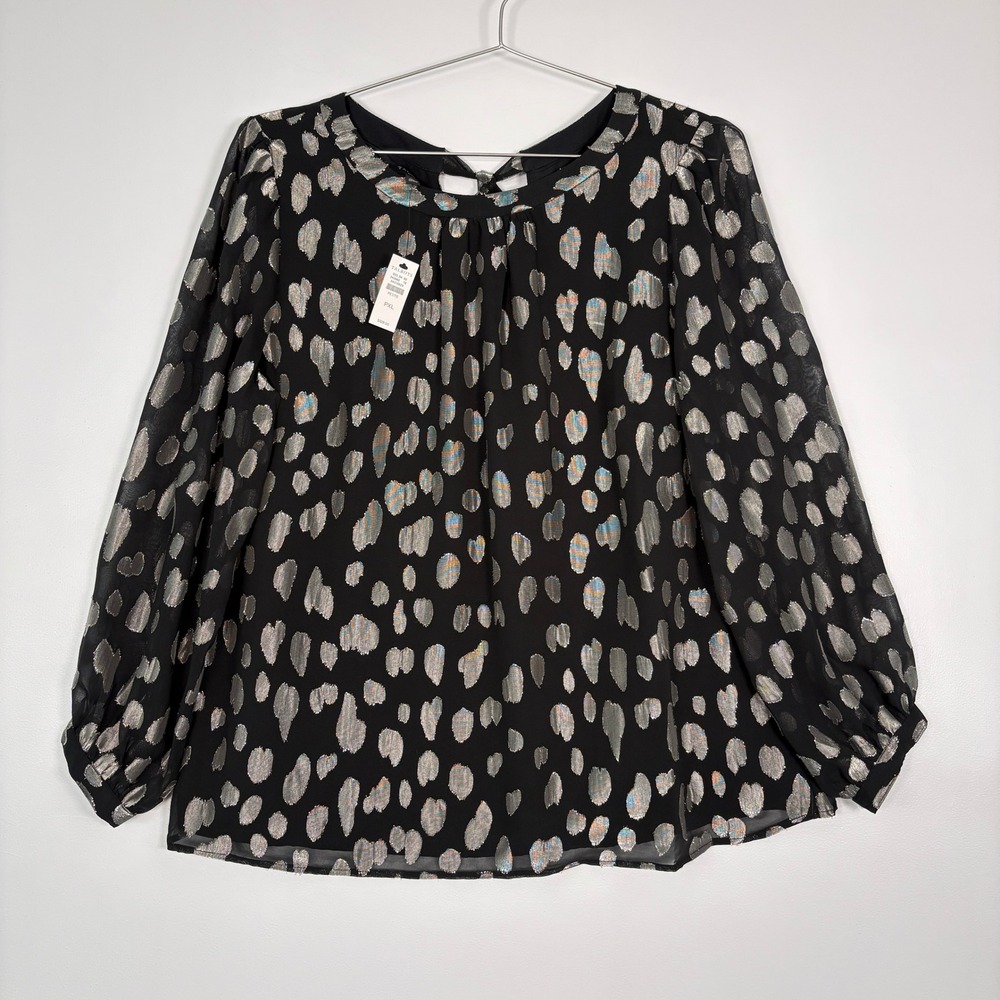Talbots Women Blouse XL Petite Black Silver Metallic Dot Balloon Sleeve New